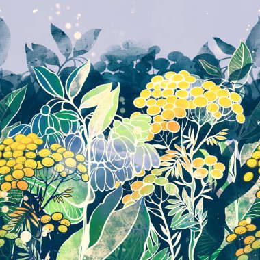 Tansy 'nin yaz çiçekleri ve çiçeksiz modern sınır çanları. Dijital çizgiler, suluboya desenli el çizimi resim. Karışık medya işleri. Sonsuz motif.
