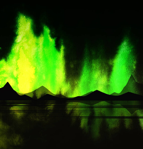 Mountains, sea and northern lights reflected in the water. Abstract simple digital and watercolour landscape. Background for design with space for text.