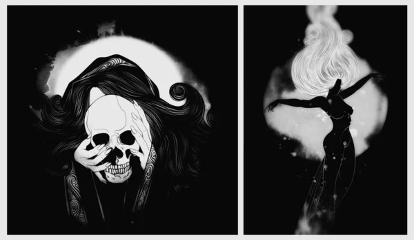ハロウィン用の魔女と頭蓋骨のミニセット デジタルラインは水彩テクスチャで絵を手描き メディア アートワーク — ストック写真