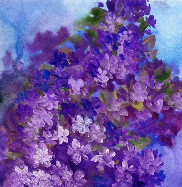 Abstrakter Floraler Hintergrund Blühende Violette Blumen Mischtechnik Aquarell Und Gouache — Stockfoto