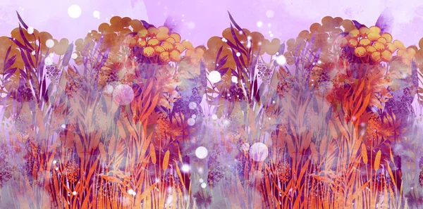 Çayır Çimenleri Çiçeklerin Klasik Dikişsiz Sınırı Suluboya Desenli Dijital Resim — Stok fotoğraf