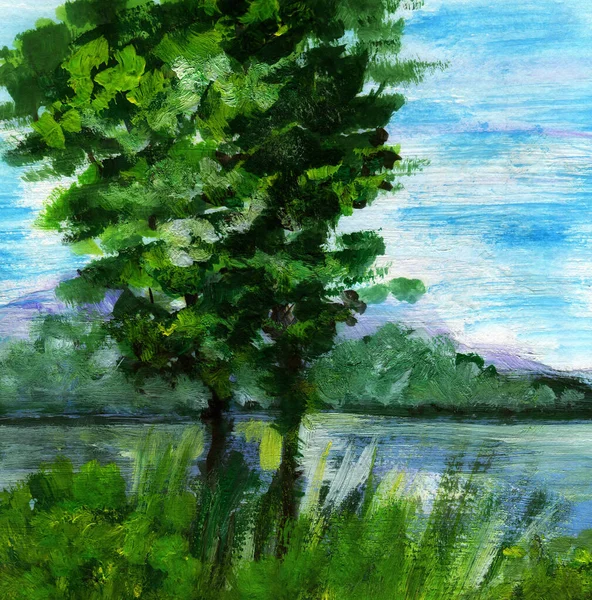 Abstrakte Einfache Naive Landschaft Mit Bäumen Und Gras See Sonnigen — Stockfoto