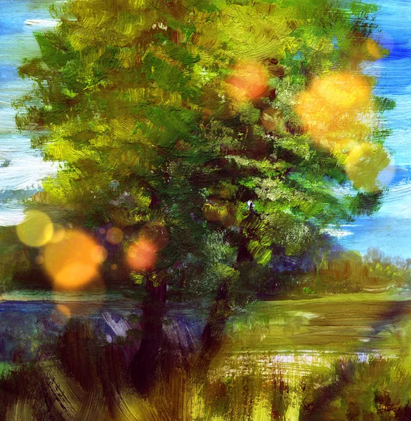 날에는 나무와 단순하고 풍경이 펼쳐진다 구아슈 — 스톡 사진