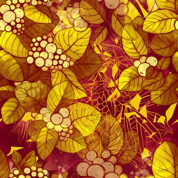 Abstract Gold Berries Leaves Vintage Seamless Pattern Digital Watercolour Mixed — Stock Photo, Image