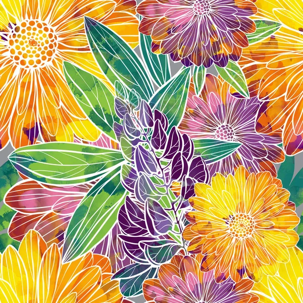 Nowoczesny Kwiatowy Bezszwowy Wzór Kwiatami Liśćmi Linie Cyfrowe Ręcznie Rysowany — Zdjęcie stockowe