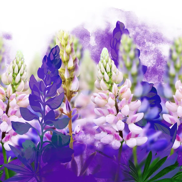 草原の花や葉3D幻想ヴィンテージシームレスな境界線 デジタル 水彩混合メディアアートワーク スクラップブッキング デカッページペーパー 織物などのための無限のモチーフ — ストック写真