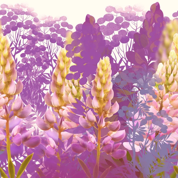 Wiesenblumen Und Blätter Illusion Vintage Nahtlose Grenze Digitale Foto Und — Stockfoto