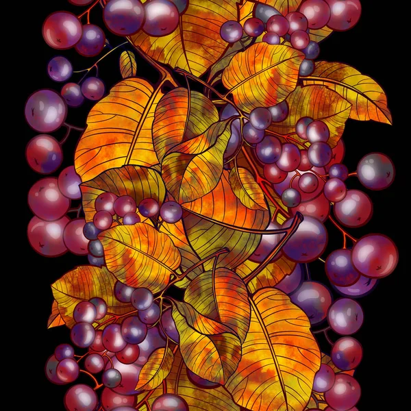 现代无缝图案与秋天奇幻的森林紫莓和树叶 伪写实主义的图画 数字线条手绘水彩画 混合媒体艺术品 废品预订 纺织品及更多商品的无限主题 图库图片