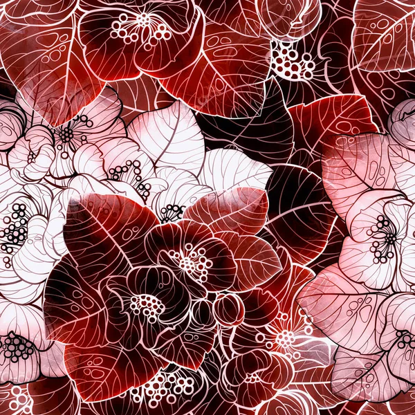 Modern Seamless Pattern Sakura Flowers Leaves Digital Lines Hand Drawn — Stock Photo, Image