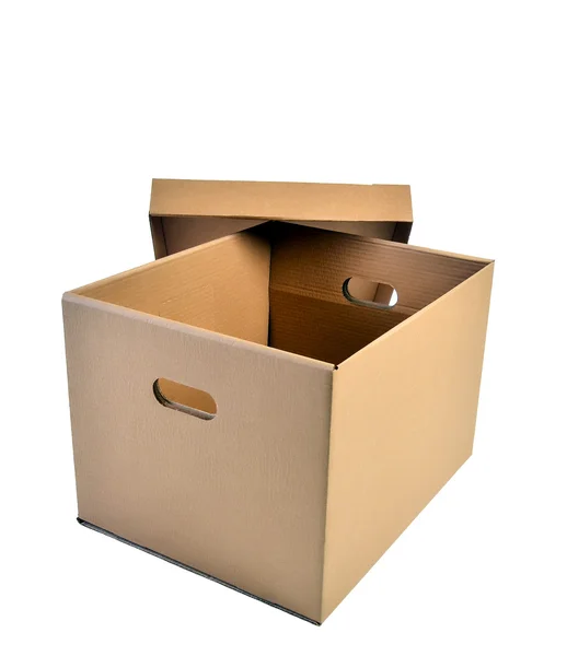 Uma caixa de papelão aberta em um branco — Fotografia de Stock