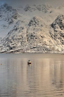 Vestpollen köyü yakınlarındaki Austnesfjorden 'da bir şamandıraya demirlemiş bir balıkçı teknesi. Innerhumpen + Ytterhumpen + Stortinden + Langstrandtindan ms. arka plan. Merkez Austvagoya Adası-Lofoten-Nordland Fylke-Norveç
