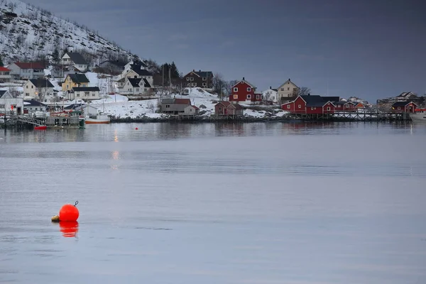 Vista Wards Pôr Sol Sobre Baía Reinefjorden Para Porto Pesca — Fotografia de Stock