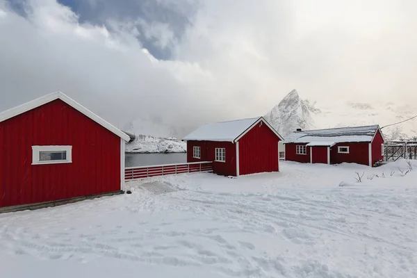 Rorbuer Bois Rouge Sous Fortes Chutes Neige Cabanes Pêche Saisonnières — Photo