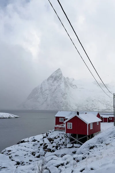 Rorbuer Bois Rouge Sous Fortes Chutes Neige Cabanes Pêche Saisonnières — Photo