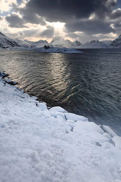 Pohled Shora Kubbholmenský Ostrůvek Fjorden Torsfjorden Selfjorden Zasněžené Hory Moberget — Stock fotografie