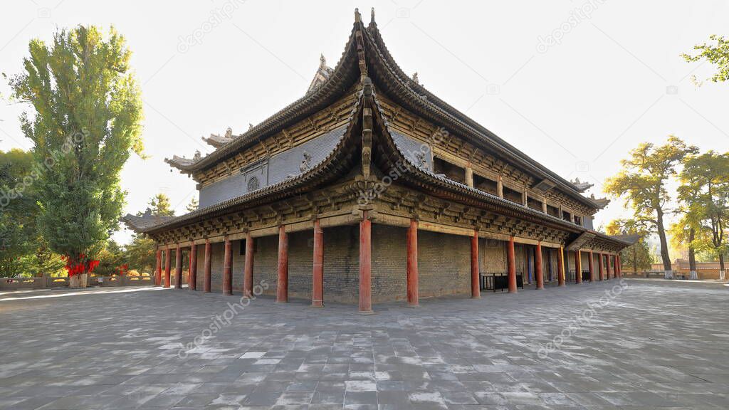 NW.corner Giant Buddha Hall-DafoSi Great Buddha Temple built in 1098-best Western Xia dynasty imperial temple left-hosts the largest Asian reclining Buddha of clay on wooden frame. Zhangye-Gansu-China