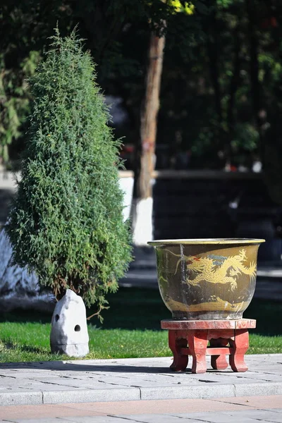 Big Glazed Earthenware Plantpot Ornate Golden Long Snakelike Chinese Dragon — Stock Photo, Image