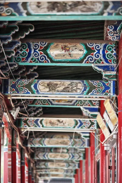 Polychrome Wooden Crossbeams Rafters Ceiling Frame Colonnade Running West Side — Stock Photo, Image