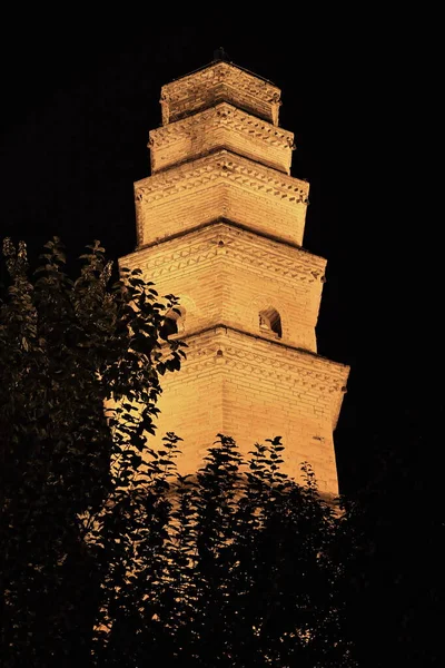 Night View Hexagonal Seven Storey Meter High Hua Flower Pagoda — Stock Photo, Image