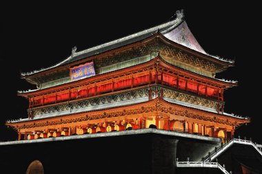 Gece görüşü, SE.Corner-34 m yüksekliğinde Gulou veya Drum Tower-Ming Hanedanlığı 1380AD-52.6 m uzunluğunda 38 m genişliğinde 7.7 m genişliğinde, 'Wen Wu Sengdi-Sivil Millitary Resort' yazılı tahtayı aydınlattı. Xi 'an-Çin.