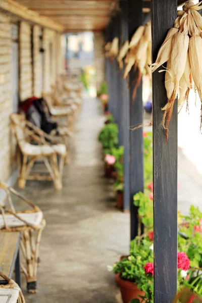 Veranda with flowerpots and corncobs. Ghandruk-Nepal. 0604 — Stock Photo, Image