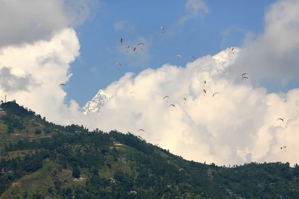 Parapentes sobre el lago Phewa. Pokhara-Nepal. 0722 — Foto de Stock