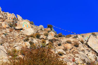 Dua bayrakları ve mani taş. Drepung Manastırı-Tibet. 1209