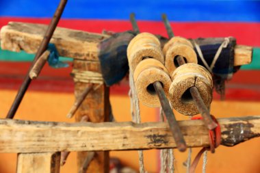 Eski ahşap el dokuma. Shigatse-Tibet yakınındaki homestead avlusu. 1772