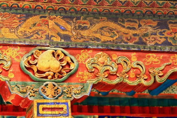 Many colored wooden beams of the Tashilhunpo monastery. Shigatse-Tibet. 1724 — Stock Photo, Image