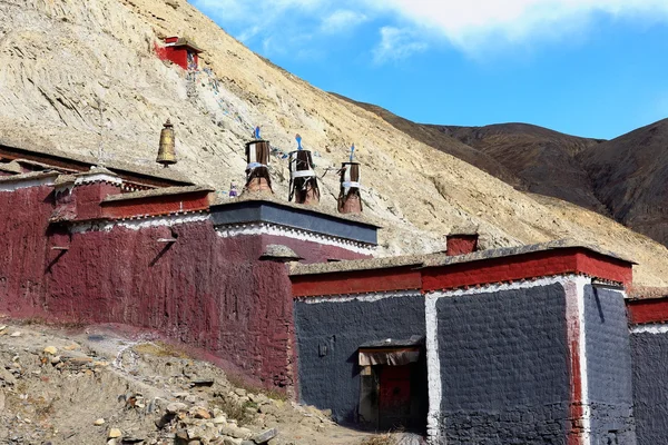 Dhvajas vítězství nápisy na střeše červené a šedé budovy. Sakja Tibetu. 1838 — Stock fotografie