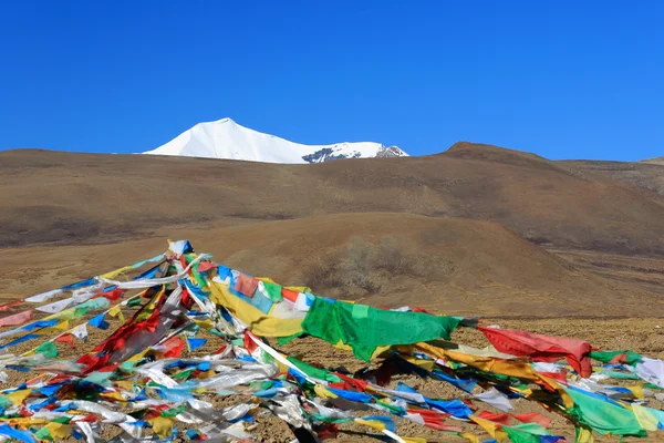 Pulha Ri-pico sobre bandeiras de oração. De Gyatso La Pass-Tibet. 1910 — Fotografia de Stock