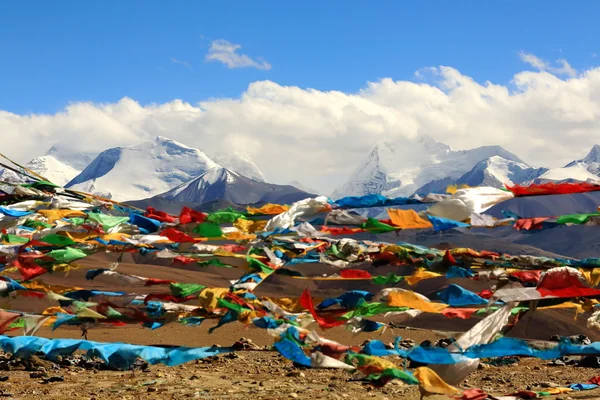 Drapeaux de prière et montures Colangma-extrême gauche + Gyao Kang-gauche. Le Tibet. 1983 — Photo