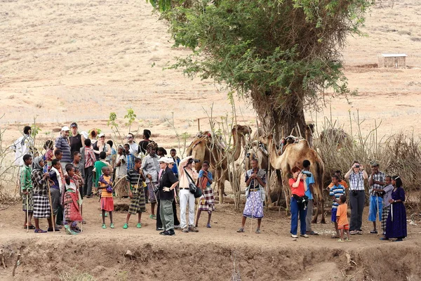 Kameel handelaren en toeristen in de zondagmarkt. Senbete-Ethiopië. 0035 — Stockfoto