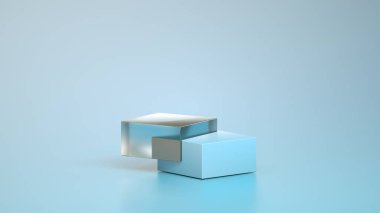 Ürün ekran platformu. İki adım şeffaf cam ve plastik mavi kabarık desenli podyum izole edildi. Küp blok görüntüsü. 3d illüstrasyon.