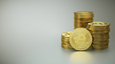 Bitcoin coins with 'bitcoin digital decentralized peer to peer' text slogan and symbol. Stack of golden bitcoin coins, illustration for poster. 3D illustration
