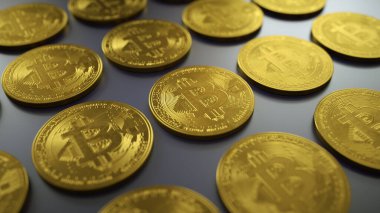 Yığının ve altın bitcoin 'lerin tasviri. Altın Bitcoinler ile finansal büyüme konsepti. Yeni sanal para. Şifreli para birimi için kavramsal resim. Altmadeni paralarla iş geçmişi. 3d illüstrasyon.