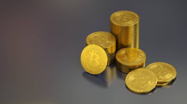 Bitcoin yığını, gri masa arkaplanlı ve kameraya doğru keskin odaklı tek bir bozuk para ile bit sikkesinin yüzündeki ikon B harfinin gölgesinde. 3d oluşturma.