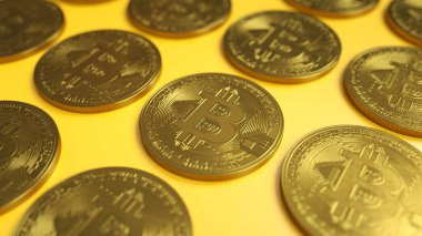 Sıraya dizilmiş altın bitcoin paraları ve sarı masa yüzeyi zeminindeki sütun çizgileri. 3d illüstrasyon.