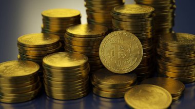 Altın Bitcoin paraları yığını. 3 boyutlu görüntüleme. Kripto para birimi madenciliği ve zenginlik kavramı.