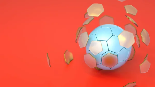 Сломанный Классический Футбольный Мяч Шестиугольными Сегментами Футбольный Мяч Красном Фоне — стоковое фото