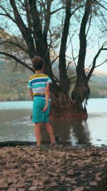 boy throws stones into the water near the lake. vertical video