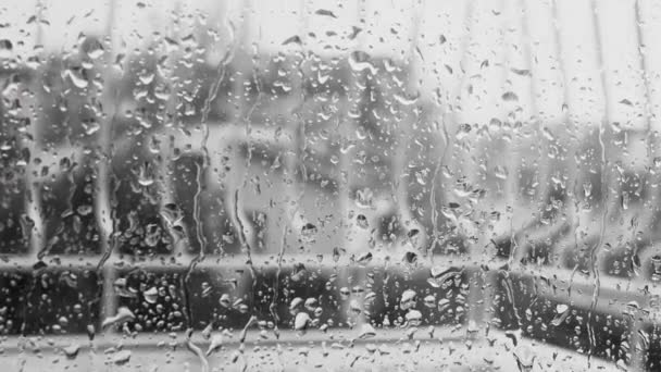 Närbild av vattendroppar faller på glas. Regnet väller ner genom fönstret. Regnsäsong, höst. Regndroppar rinner ner — Stockvideo