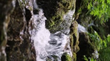 Dikey video, Vahşi Dağ nehri açık dereyi kapatıyor. Gargara yapan bir akımın detaylı statik görüntüsü.