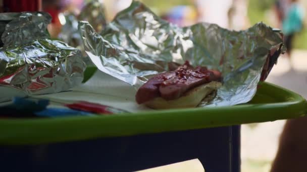 Hot dog dengan sosis, wanita meremas mayones pada sosis, makanan jalanan. turis — Stok Video