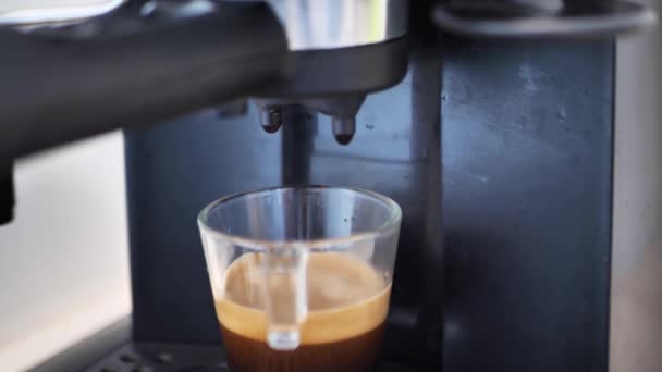 Gros plan sur la mise en bouteille d'une machine à café. café fait maison avec un porte-filtre. Du café frais moulu coule. Boire du café noir torréfié le matin. — Video