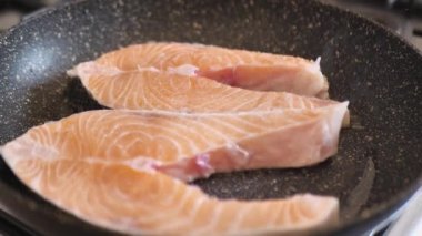 Kızartma tavasındaki kırmızı balık kırmızı somon balığı serpiyor.