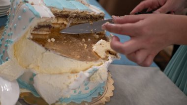 Bir tatil pastası kes, tabakta bir pasta