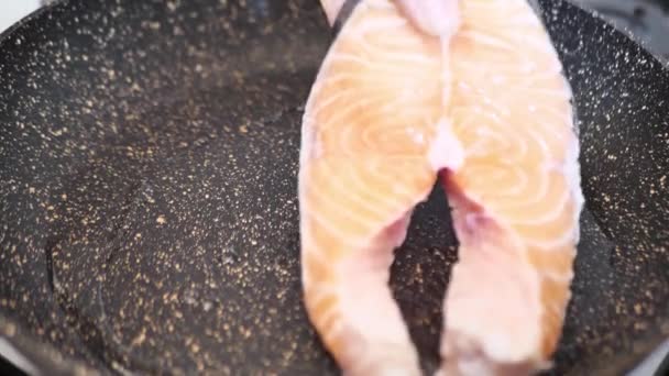 Salomonvoorbereiding. Een stuk vis met specerijen. Grote mooie stukjes rode vis bakken in kokende olie in een koekenpan, voedselconcept. Fillet van rode vis wordt gebakken in een pan. Zeevruchten. — Stockvideo