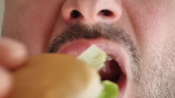 Hombre comiendo una hamburguesa. primer plano de disparo — Vídeos de Stock