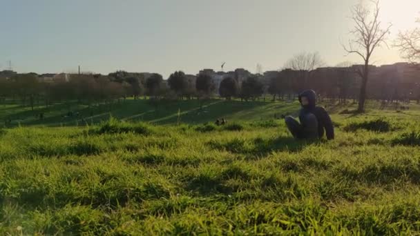 A criança cai, brincando no gramado no parque — Vídeo de Stock